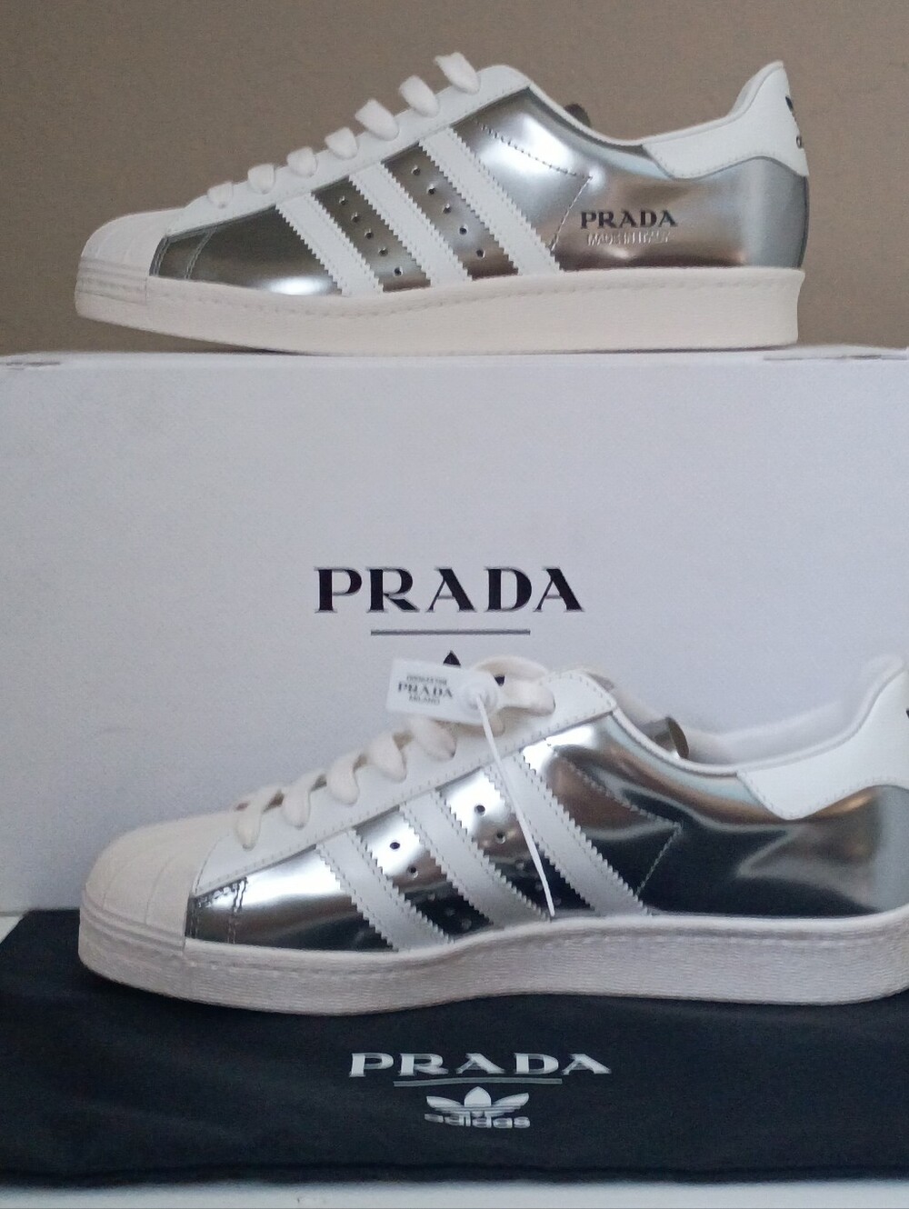 8.5 Prada x Adidas Superstar Dead stock Sneakers  Low - Metallic Silver / White